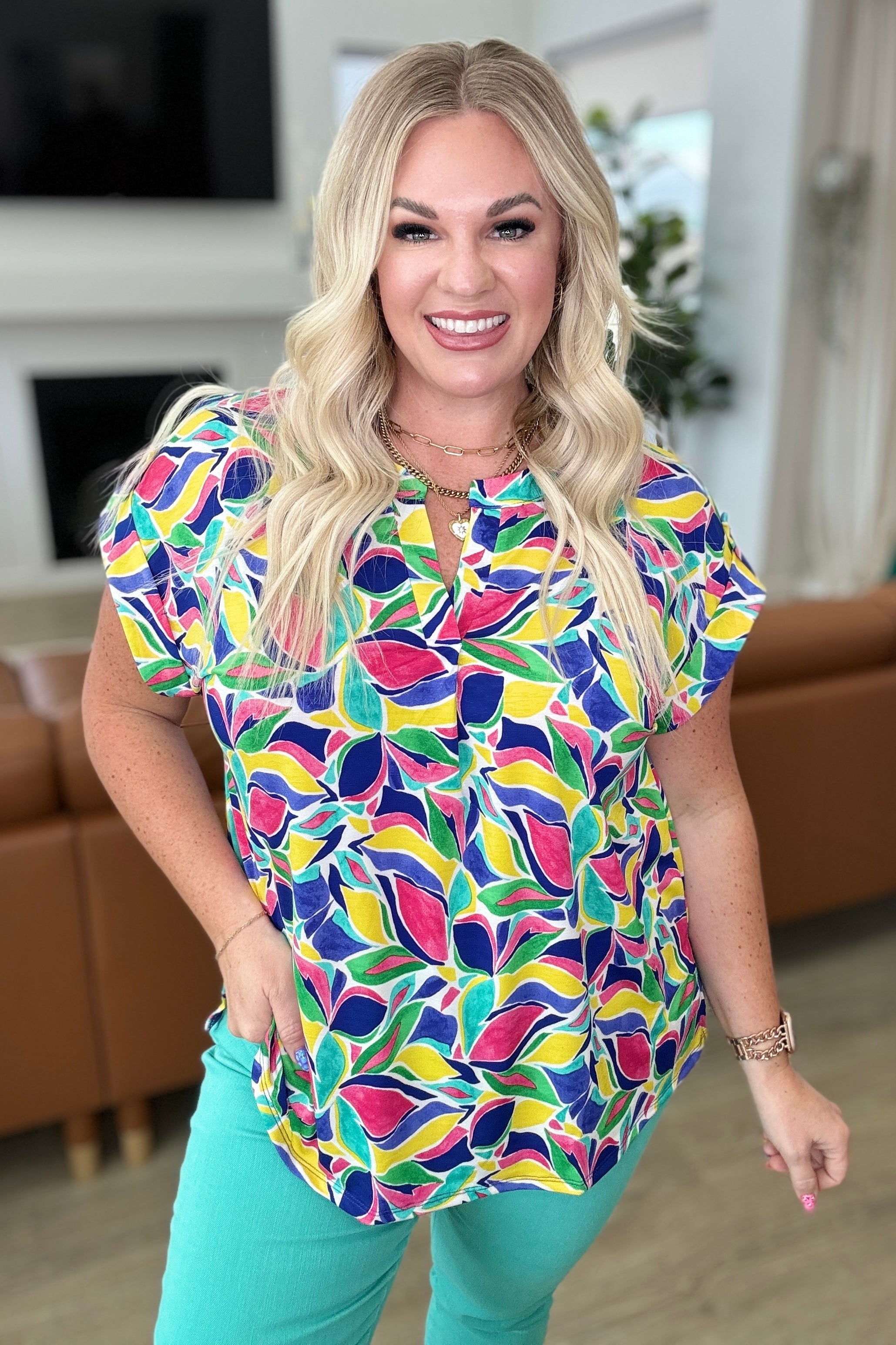 Lizzy Cap Sleeve Top in Purple and Hot Pink Watercolor