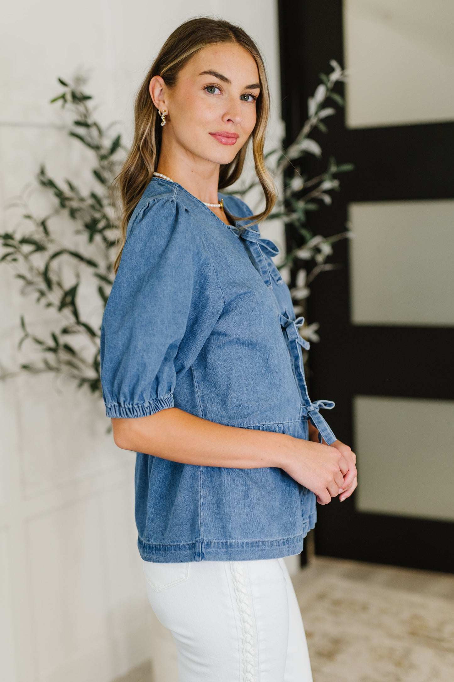 PREORDER: Balloon Sleeve Chambray Bow Blouse