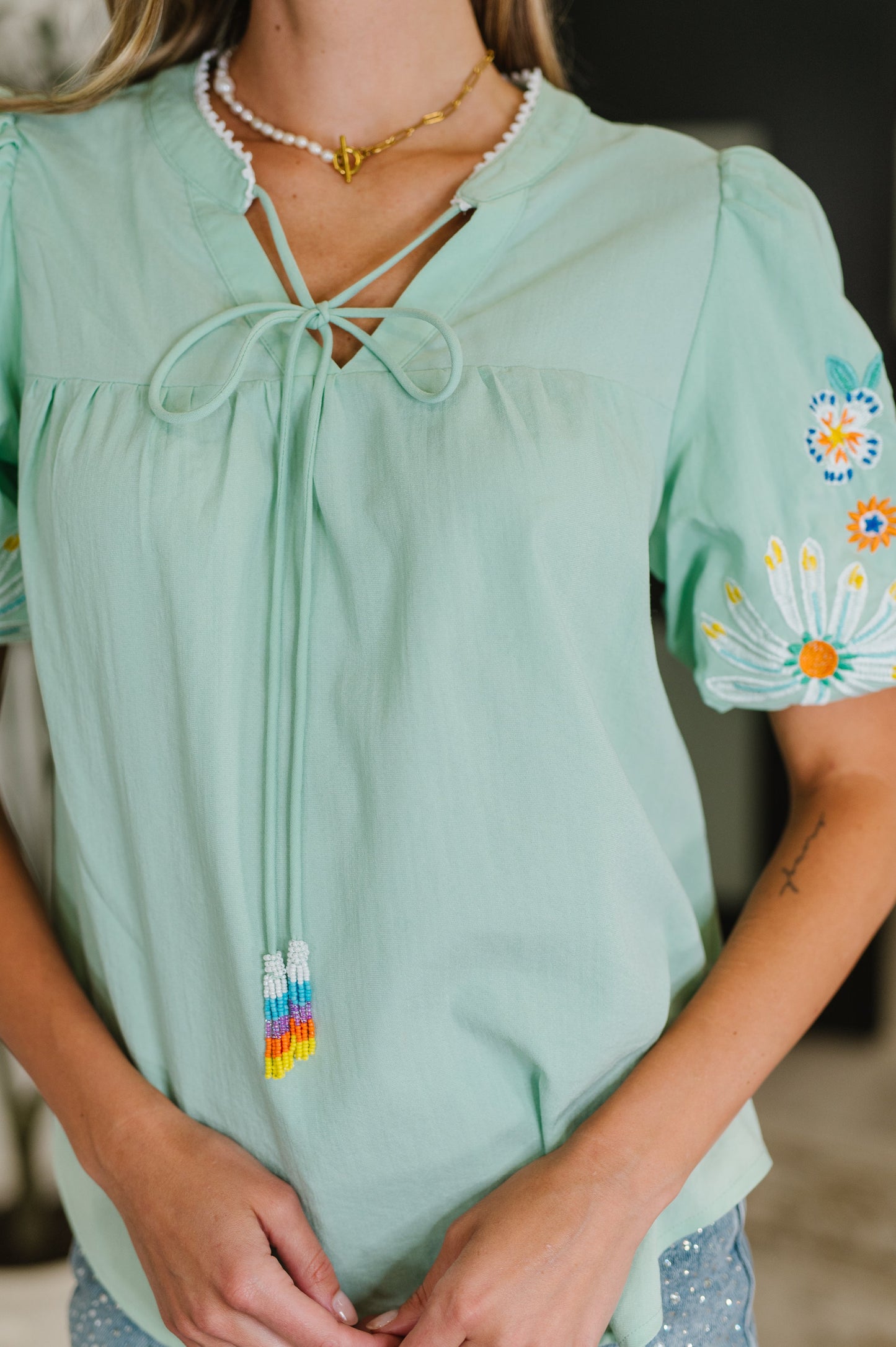 PREORDER: Embroidered Puff Sleeve V-Neck Blouse in Aqua