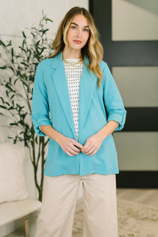 I'm Really That Gal Open Front Blazer in Aqua